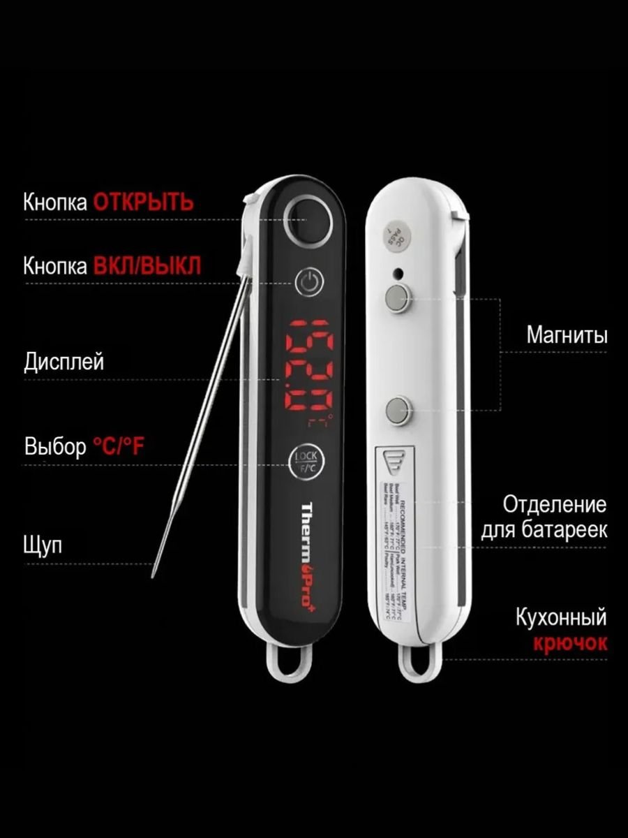Кухонный цифровой термометр с щупом, складной ThermoPro, TP18