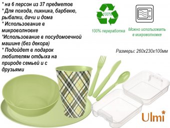 Набор для пикника с декором 37 предметов на 6 персон ULMI plastic, салатовый