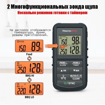 Цифровой кухонный термометр с двумя щупами ThermoPro TP-08C, серый